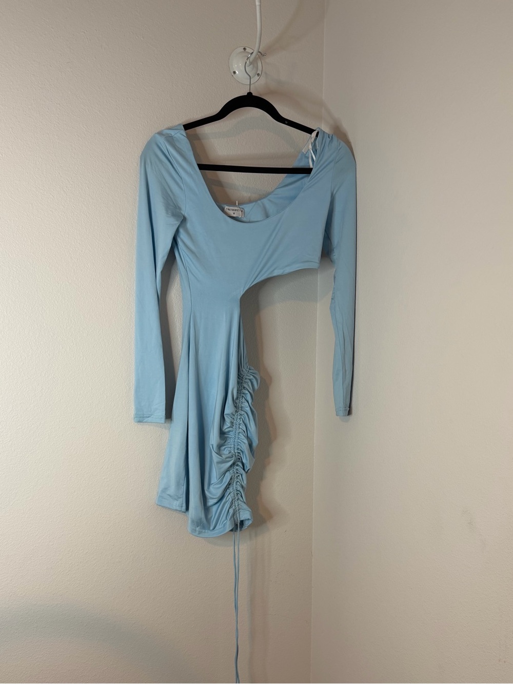Ruched Side Light Blue Long-Sleeve Scoop Neck Dress